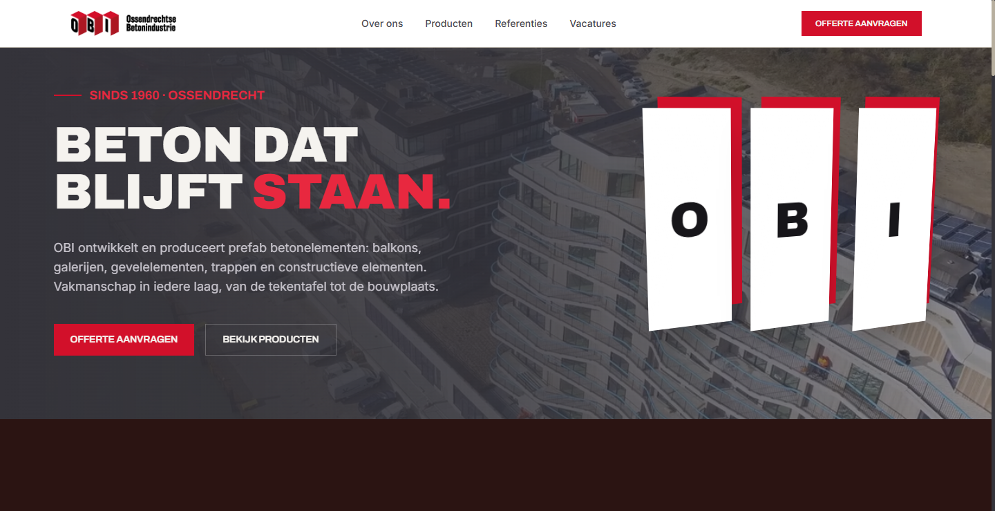 Homepage van de nieuwe website van OBI Ossendrechtse Beton Industrie