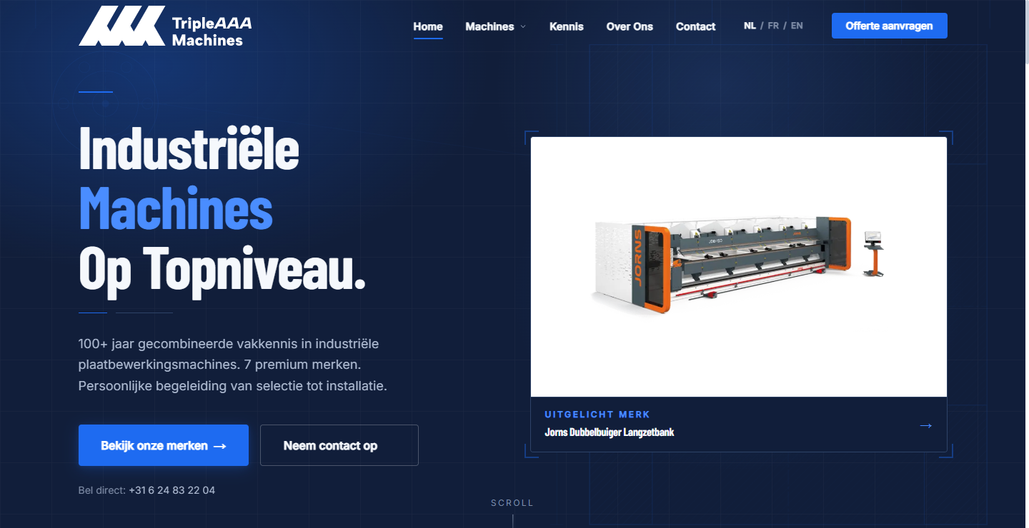 Homepage van de nieuwe website van Triple AAA Machines